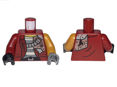 Lego Torso Jacket with Mechanical Shoulder Plate Armor Pattern / Pearl Gold Arm Left / Dark Red Arm Right / Dark Bluish Gray Hand Left / Black Hand Right