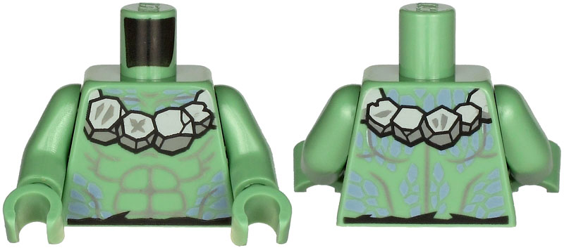 Lego Torso Bare Chest with Light Bluish Gray Muscles Outline, Stone Necklace and Sand Blue Spots Pattern / Sand Green Arms / Sand Green Hands