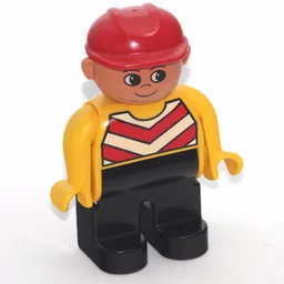 Duplo Figure, Early, Hard Hat Red, Black Legs, Chevron Vest, Yellow Arms Print / Yellow