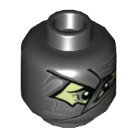 Lego Minifig Head Chain Master Wrayth, Dark Bluish Gray Mummy Wraps, Yellowish Green Face and Shadowed Eyes Print [Hollow Stud] / Black