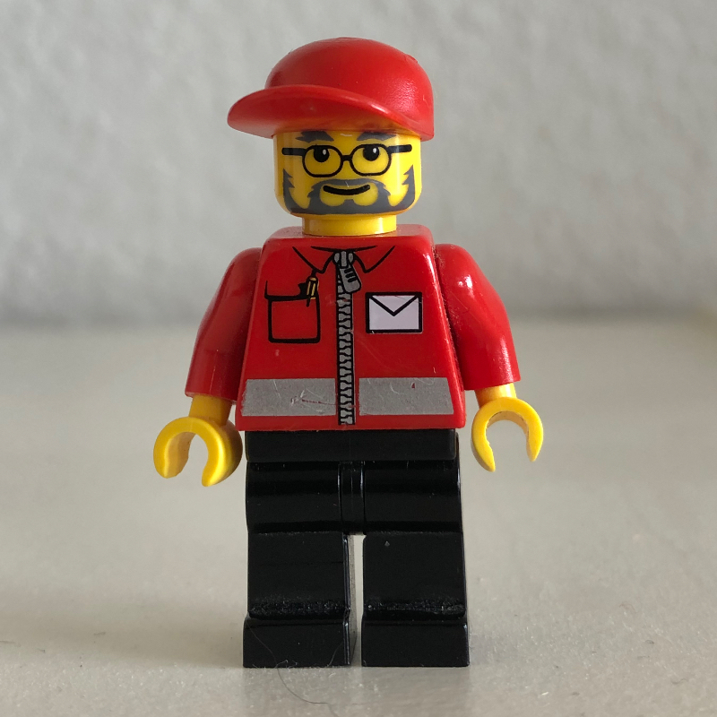 Lego Postal Worker, Red Jacket with Zipper and Letter Logo, Black Legs, Red Cap, Beard and Glasses