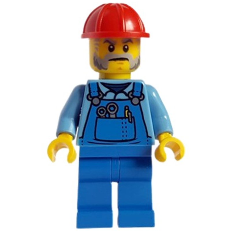 Lego Construction Worker - Bright Light Blue Shirt, Blue Overall, Red Helmet (Pete Precise)