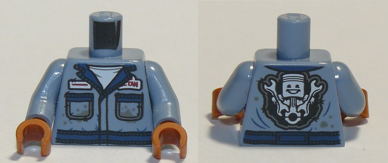 Lego Torso Coveralls, Dirty Pockets, Face with Wrenches on Back Pattern / Sand Blue Arms / Dark Orange Hands