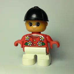Duplo Figure, Early Child, with Helmet Black, White Legs, White Flowers Print / Red