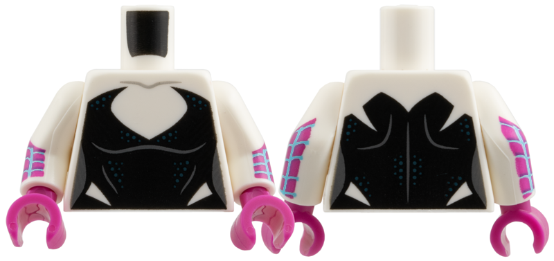 Lego Torso Female Black Bodysuit with Deep V Neck and Dark Blue Dots, Dark Bluish Gray Sides Pattern / White Arms with Medium Azure Webbing on Magenta Background Pattern / Magenta Hands