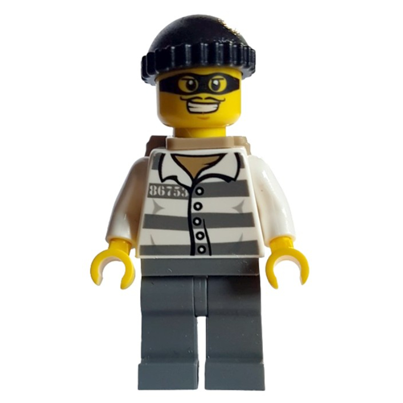 Lego Criminal, Prison Shirt with #86753, Dark Bluish Gray Legs, Black Hat, Backpack, Black Eyemask