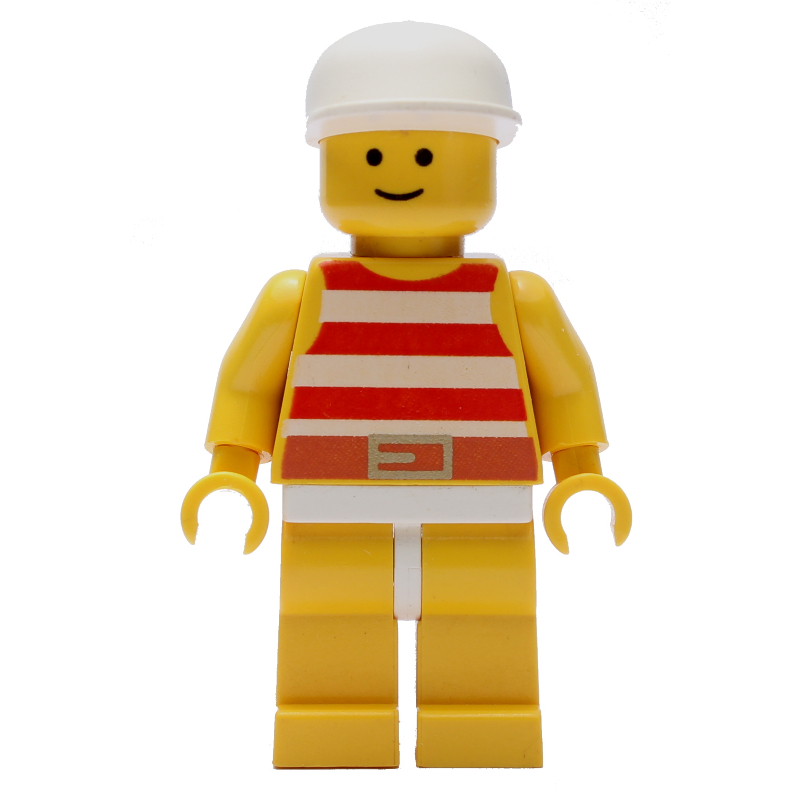 Lego Man, Red and White Striped Swimsuit, White Cap