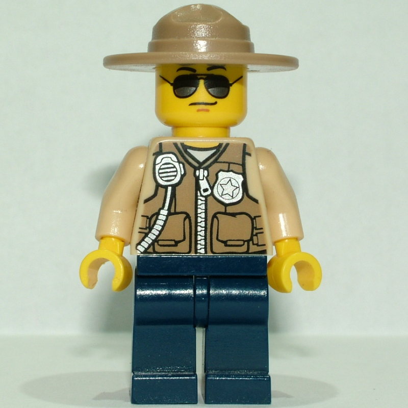 Lego Swamp Police / Ranger, Dark Tan Vest with Zipper, Radio, and Badge, Dark Blue Legs, Tan Campaign Hat, Sunglasses