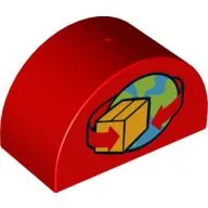 Duplo Brick 2 x 4 x 2 Curved Top with Box and Arrows and Globe Print / Red