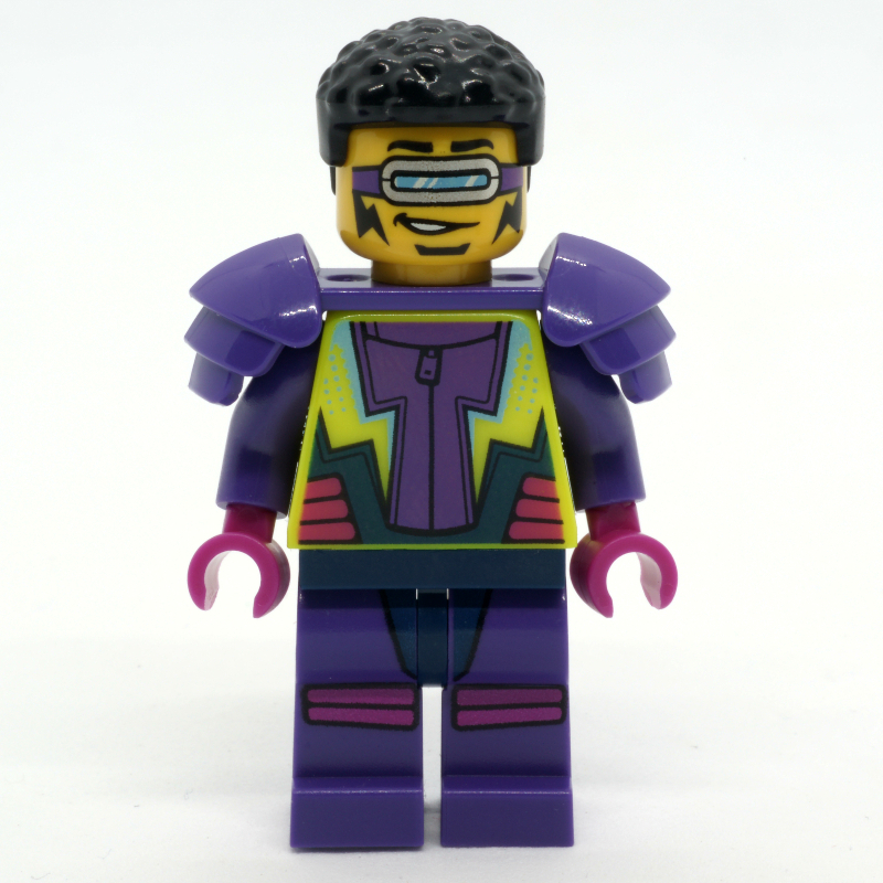 Lego Stunt Rider, Vibrant Yellow and Dark Purple Jumpsuit, Visor