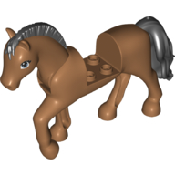 Lego Animal, Horse with Raised Leg, Moveable Head, Black Roached Mane and Tail print / Medium Nougat