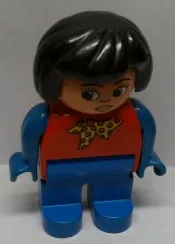 Duplo Figure, Female, Blue Legs, Red Top with Yellow and Red Polka Dot Scarf, Blue Arms, Black Hair, Turned Down Nose