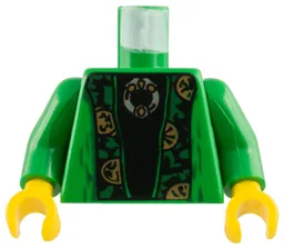 Torso Robe Open with Dark Green and Gold Trim over Black Shirt, Silver Brooch Pattern / Green Arms / Yellow Hands