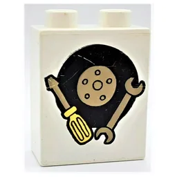 Duplo Brick 1 x 2 x 2 with Tire with Wheel, Screwdriver and Wrench Print / White