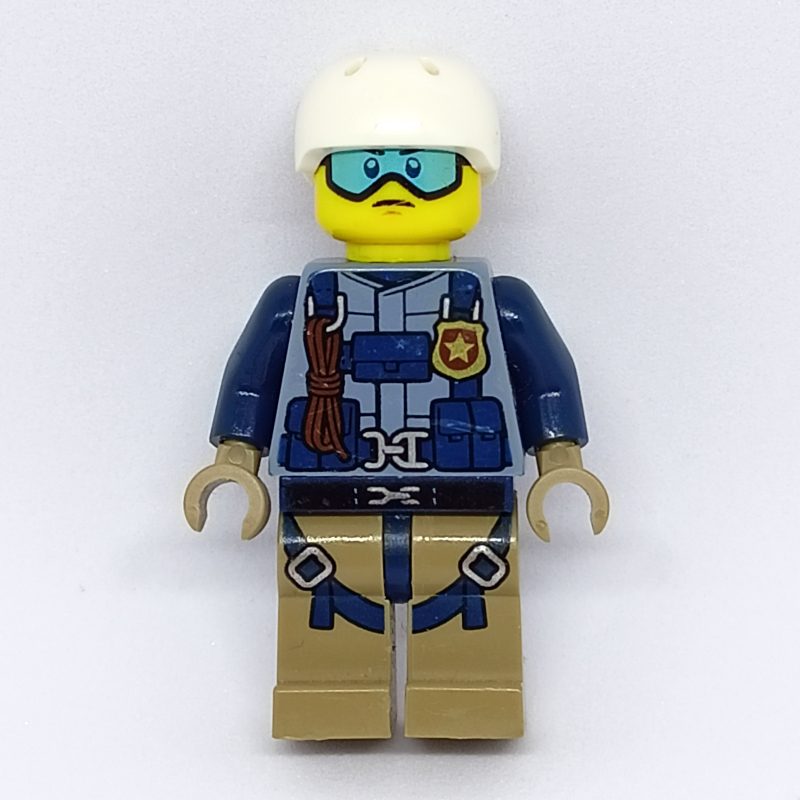 Lego Policeman, Sand Blue Jacket with Badge, Rope, and Straps, White Helmet, Blue Goggles