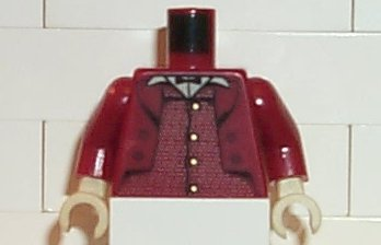 Lego Torso Suit Jacket over Vest with Gold Buttons, Tan Shirt, Black Bow Tie Pattern / Dark Red Arms / Tan Hands