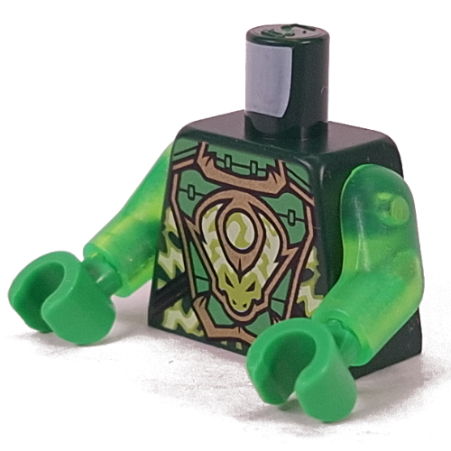 Lego Torso, Sand Green/Gold Armour, Lime/Yellowish Green Decorations, Dragon print, Trans-Bright Green Arms, Green Hands / Dark Green