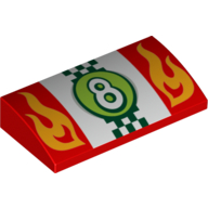 Lego Brick Curved 2 x 4 x 2/3 No Studs, with Bottom Tubes and Number 8 and Stylised Flames Print / Red