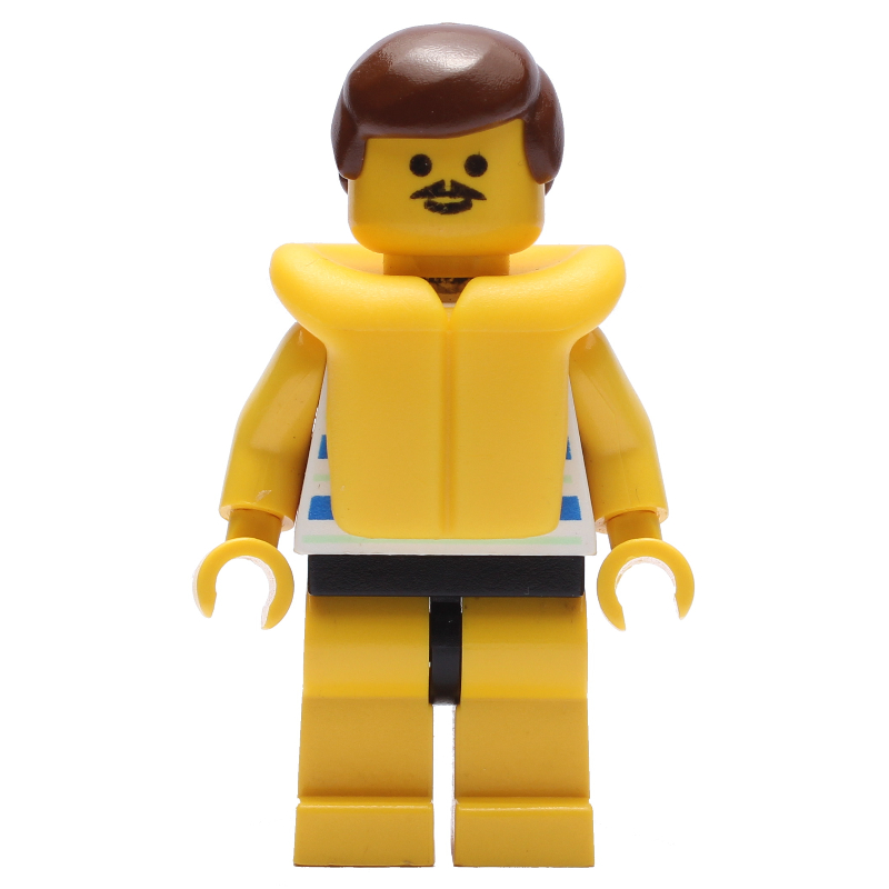 Lego Man, Blue and White Striped Swimsuit, Brown Hair, Yellow Life Vest, Moustache