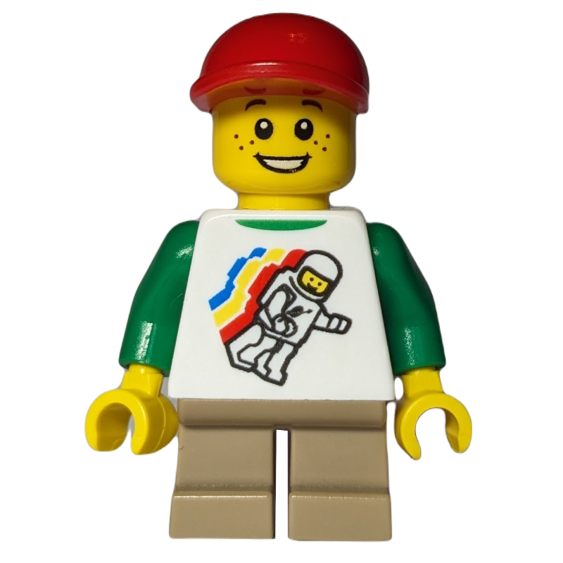 Lego Boy, Floating Classic Spaceman on Shirt, Short Tan Legs, Red Cap