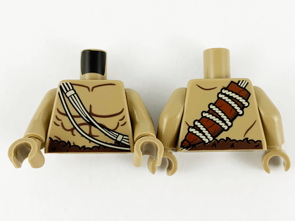 Lego Torso Bare Chest with Muscles Outline, Fur Waist and Rope Pattern / Dark Tan Arms / Dark Tan Hands