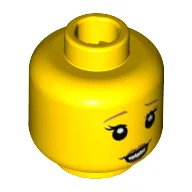 Minifig Head Babysitter, Raised Dark Orange Eyebrows, White Pupils, Dark Orange Lips, Lopsided Open Smile Print / Yellow