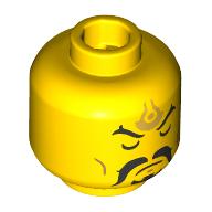 Lego Minifig Head Li Jing, Gold Symbol on Forehead, Black Eyebrows, Moustache, Goatee, Closed Eyes, Mouth/Open Eyes, Mouth / Yellow