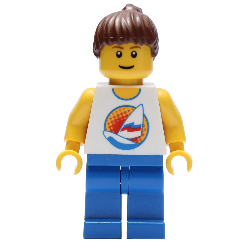 Lego Lifeguard, White Tank Top with Windsurfer, Blue Legs, Ponytail