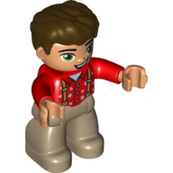 Duplo Figure with Thick Hair Combed Forward, with Suspenders and Buttons Print, Dark Tan Legs / Red