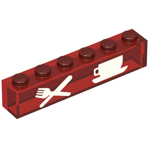 Lego Brick 1 x 6 with No Bottom Tubes with White Knife & Fork, Cup & Saucer Print / Trans-Red