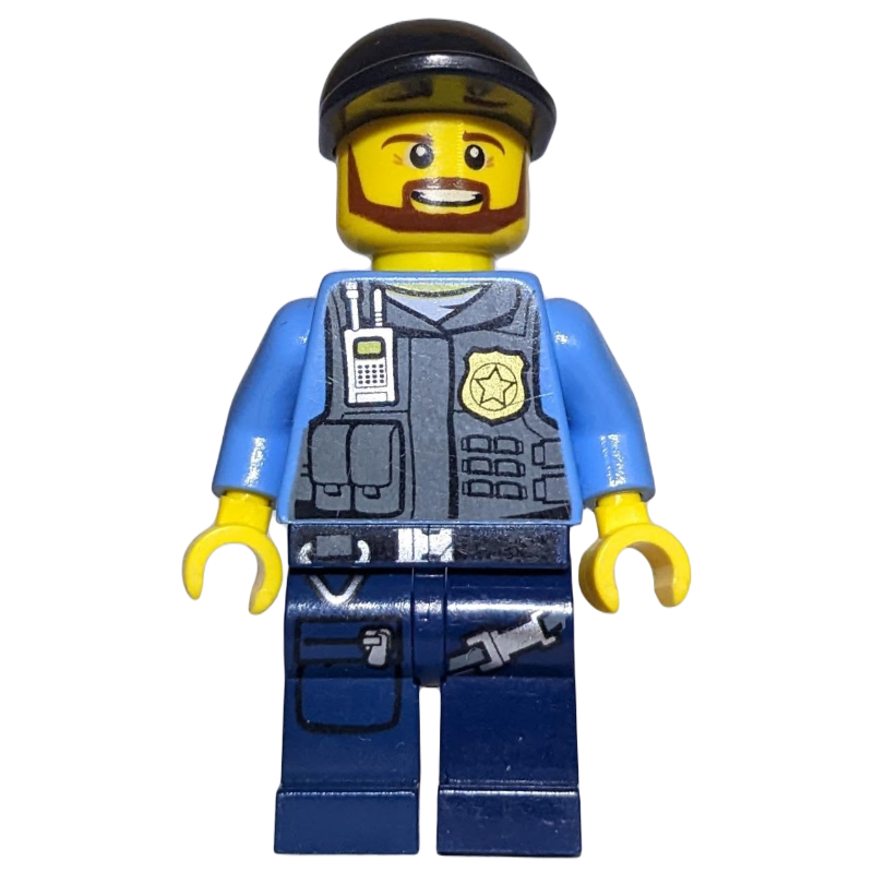 Lego Policeman, Dark Bluish Gray Vest with Radio, Badge and Pouches over Medium Blue Shirt, Black Cap, Beard