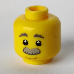 Minifig Head, Dark Bluish Gray Eyebrows, Light Bluish Gray Moustache, Smile / Red Tongue Sticking Out Print / Yellow