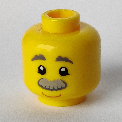 Lego Minifig Head, Dark Bluish Gray Eyebrows, Light Bluish Gray Moustache, Smile / Red Tongue Sticking Out Print / Yellow