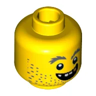 Minifig Head Prospector, Beard Stubble, Gray Bushy Eyebrows, Open Grin, Gold Tooth Print / Yellow