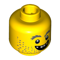 Lego Minifig Head Prospector, Beard Stubble, Gray Bushy Eyebrows, Open Grin, Gold Tooth Print / Yellow