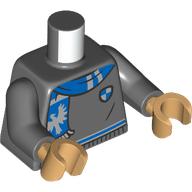 Lego Torso, Sweater, Blue/Silver Trim, Crest, Scarf with Raven print, Dark Bluish Gray Arms, Warm Tan Hands / Dark Bluish Gray
