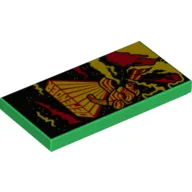Tile 2 x 4 with Yellow and Red 'DEFENDER' Figure with Stripes - Smoke and Fire Print / Green