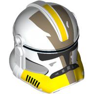 Lego Helmet Clone Trooper Phase 2, Closed Front, Holes for Visor with Yellow, Dark Tan Markings print / White