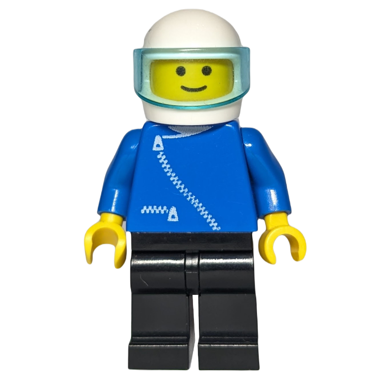 Lego Man, Blue Jacket with Zipper, Black Legs, White Helmet with Visor