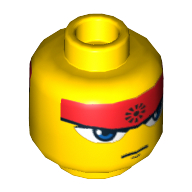 Lego Minifig Head Ryo, Dual Sided, Blue Eyes, Headband, Mouth Closed / Bared Teeth Print [Blocked Open Stud] / Yellow