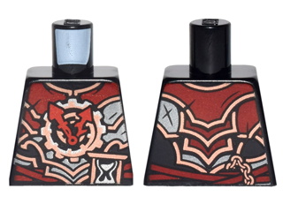 Lego Torso Ninjago Black, Dark Red, Dark Silver, Silver and Copper Armor with Red Clock Hands and Hourglass Pattern