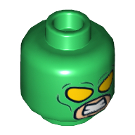 Lego Minifig Head HYDRA Henchman, Dual Sided, Yellow Eyes, Clenched Teeth, Yellow 'H' on Back Print [Hollow Stud] / Green