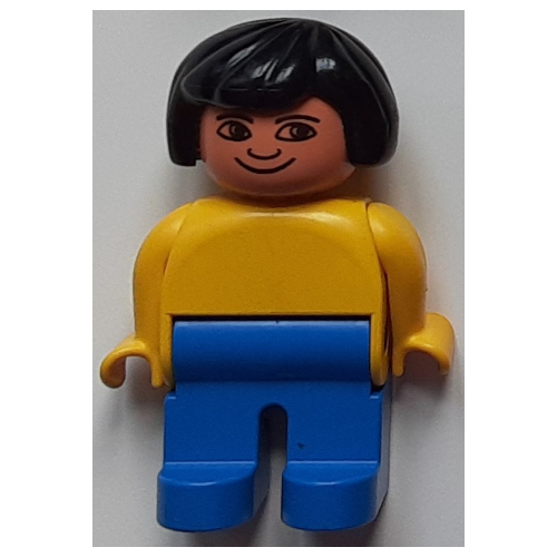 Lego Duplo Figure, Early, Hair Bob Black, Blue Legs, Plain Top / Yellow