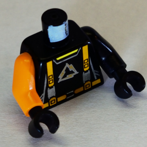 Lego Torso, Odd Arms, Jumpsuit with Alpha Team Logo, Orange Straps Print, Left Black Arm, Right Orange Arm, Black Hands / Black