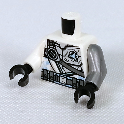 Lego Torso, Odd Arms, Robe, Dark Bluish Gray Strap, Light Bluish Grey Armour Plating, Utility Belt Print (Zane), Left Flat Silver Arm, Right White Arm, Black Hands / White