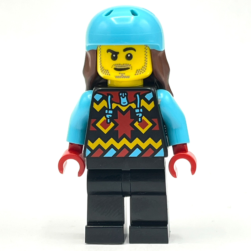 Lego Snowboarder, Black Snowsuit, Medium Azure Helmet with Hair