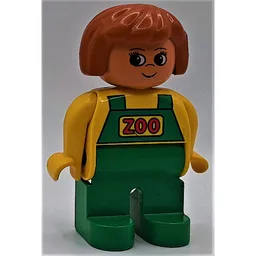 Duplo Figure, Early, Hair Bob Dark Orange, Green Legs, Green Overalls Print (Zoo Keeper) / Yellow