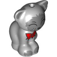 Lego Animal, Cat, Sitting with Closed Eyes, Dark Bluish Grey Face, Dark Red Bow Print (Gertrude) / Light Bluish Gray