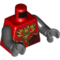 Lego Torso Vest with Dark Red and Gold Armor with Scales and Fire Chi Emblem Print, Black Arms, Dark Bluish Gray Hands / Red