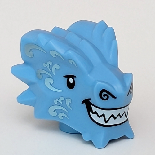 Lego Minifig Head Special, Metal Dragon with White Teeth Grin, Bright Light Blue Markings print / Medium Blue
